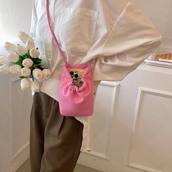 

women fashion pleated mini bags soft pu leather drawcord girl mini mobile phone bag high grade feeling shoulder crossbody bags
