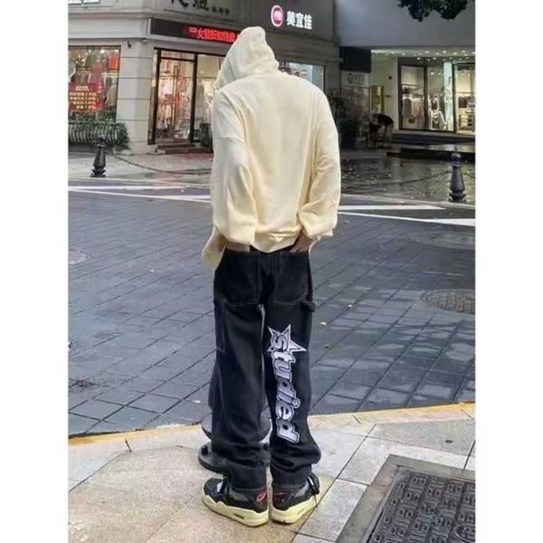 

men's jeans retro embroidered denim trousers men y2k high street wide leg pants loose casual letter patch menmen'sntc2, Blue