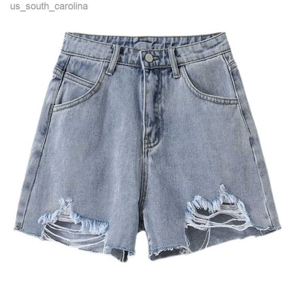 

s-5xl 2023 summer fashion korean wide leg ripped denim jeans shorts women high waist short pants female with pockets l230522, White;black