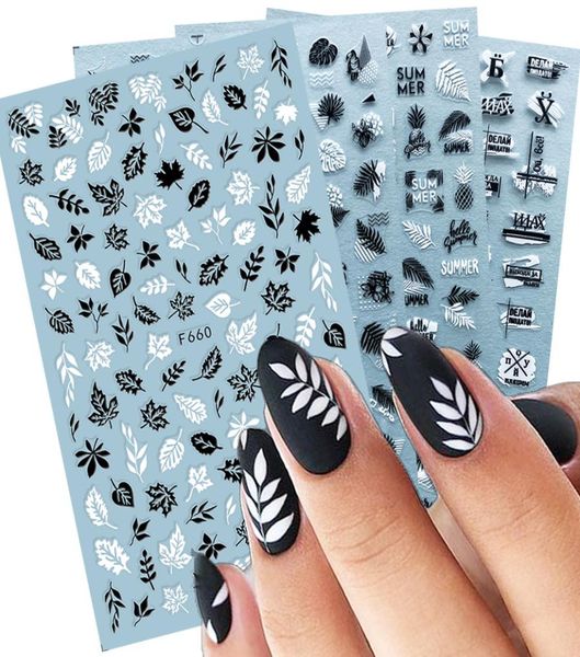 

mix white black 3d nail decals nail art stickers adhesive gold leaf letters sliders wraps summer design decorations6625455