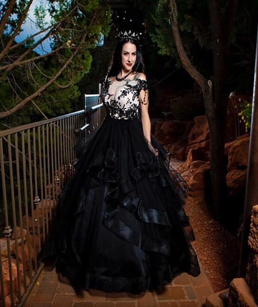 

gothic black aline wedding dresses tiers ruffles skirt lace appliques custom illusion bateau neck vintage puffy bridal gowns 20233936459, White