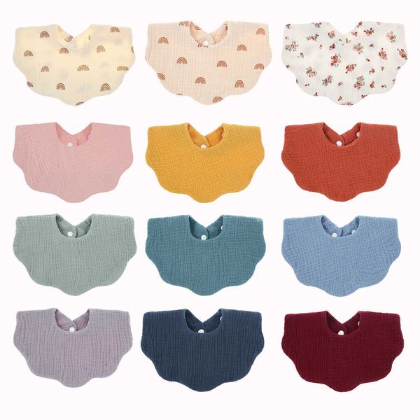 

bibs cloths baby plain pattern solid color newborn burp fabric 360 rotation 6-layer baby flower shaped feeding bib bandana scarf g220605