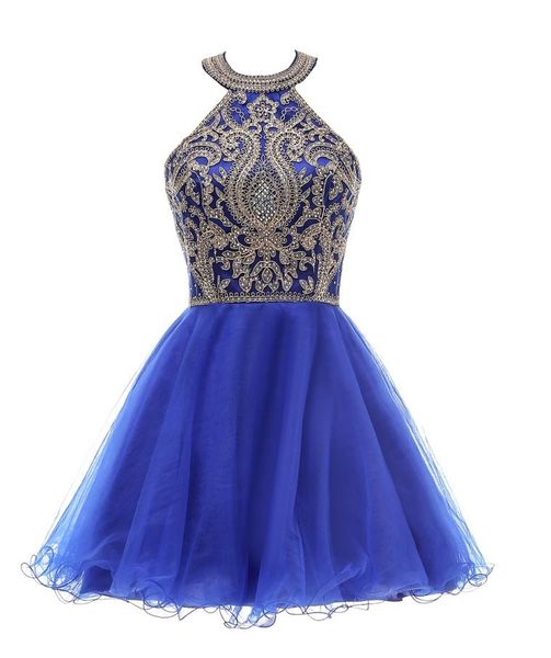 

halter short tulle homecoming graduation dresses gold lace applique junior prom dress ball gown knee length sweet 16 quinceanera d1271841, Blue;pink