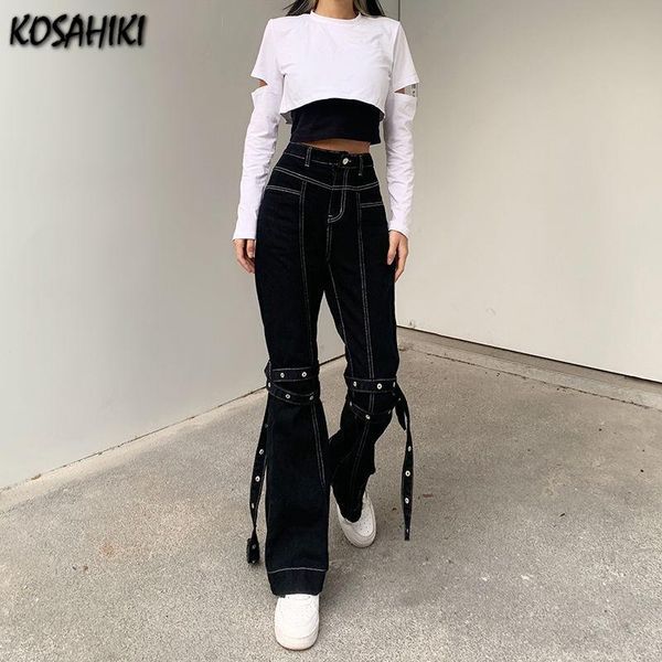 

jeans kosahiki women's jeans high waist straight baggy vintage casual black jeans streetwear bandage denim pants trouser 2022, Blue