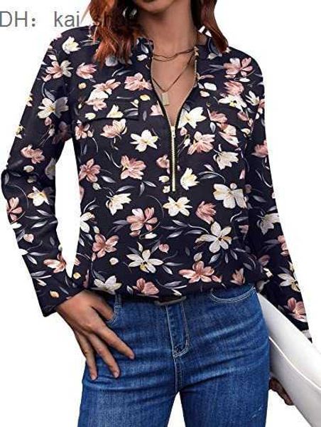 

long sleeved chiffon shirt v-neck office work zipper printed dress 41, White