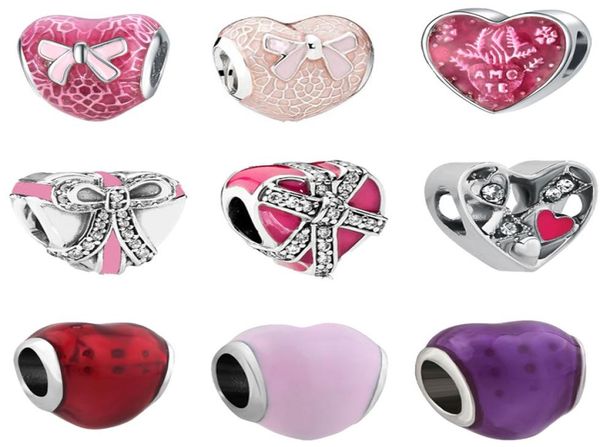 

silver pink rose red purple heart beads charms fit european style bracelet j0146954202, Bronze;silver