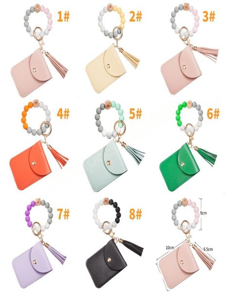 

pu leather bracelet wallet keychain jewelry tassels bangle key ring holder card bag candy color silicone beaded wristlet keychains8693325, Silver