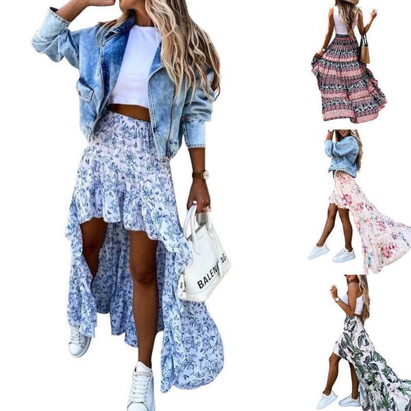 

irregular hem women long skirt clothes fashion 2023 summer autumn slim fit printed high waist streetwear, Black