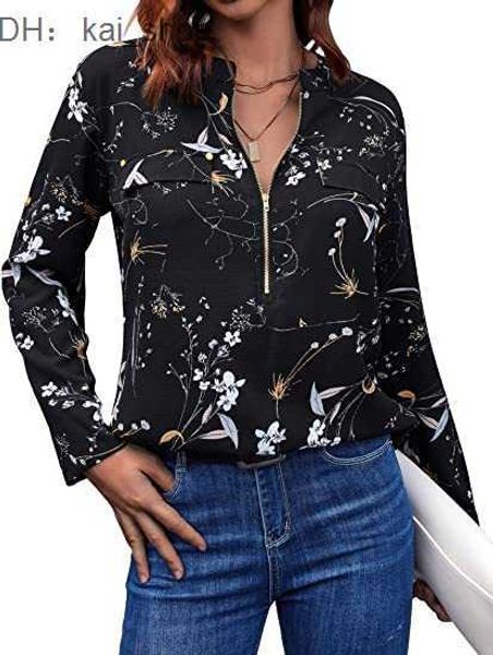 

long sleeved chiffon shirt v-neck office work zipper printed dress 51, White