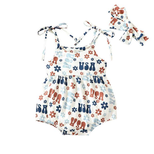 

jumpsuits independence day baby girl flower letter printed tie spaghetti shoulder strap sling jumpsuit summer clothing and headband g220606, Blue