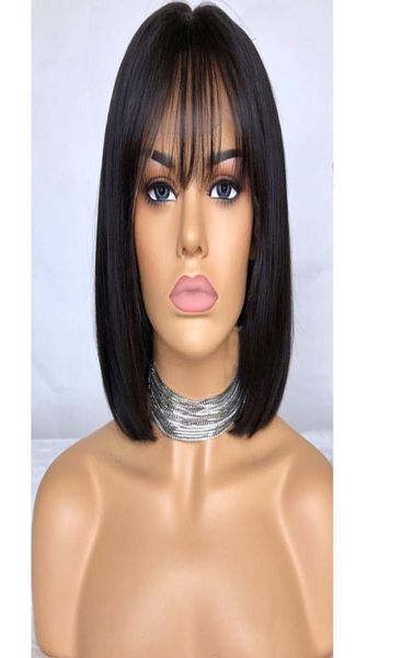 

bob cut 13x6 lace front short human hair wigs with bangs plucked brazilian remy straight hair for women2165159, Black