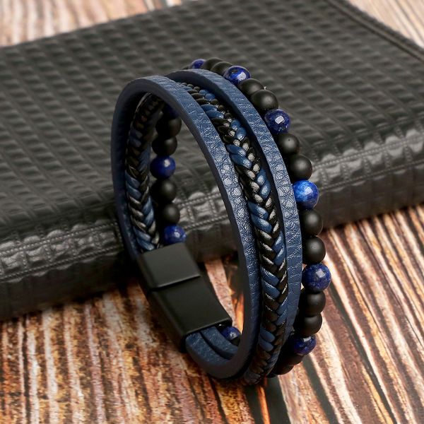

cool handmade multi layered leather bracelet natural stone strands bracelets jewelry for men, Golden;silver