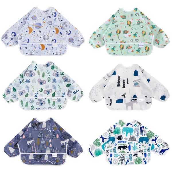 

bibs burp cloths baby waterproof long sleeved feeding bib with pockets cute cartoon children's apron baby supplies g220605