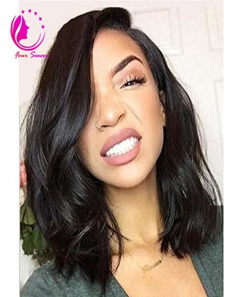 

brazilian virgin human hair lace front wig glueless short bob wavy with baby hair for black women9931310, Black;brown