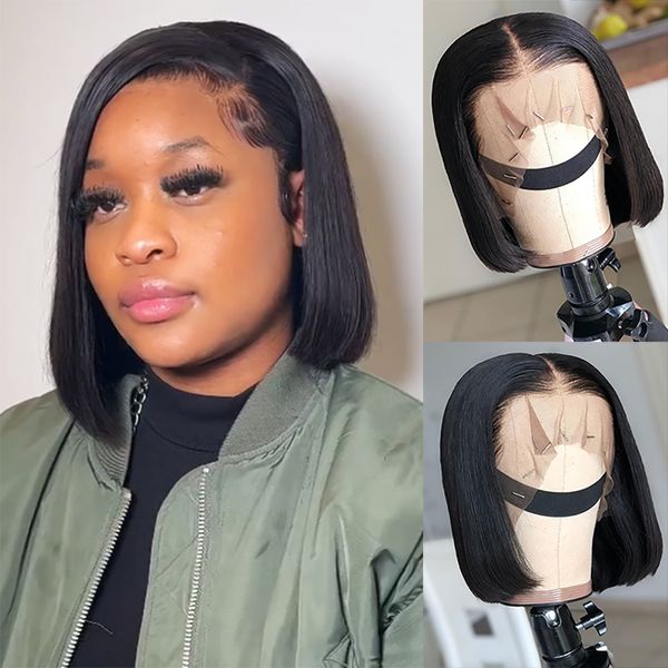 

straight short bob brazilian human hair wigs 13x4 lace frontal closure bob wigs preplucked for women lace front human hair wigs, Black;brown