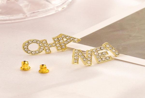 

sweet stainless steel luxury brand designers letters stud clip chain real gold plated geometric famous women crystal rhinestone ea4478101, Golden;silver