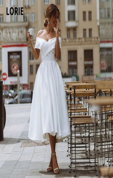 

lorie simple tealength wedding dress off the shoulder white ivory satin aline short bride gowns beach back lacing wedding gown6031635