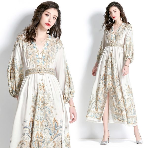 

2023 holiday dress princess temperament french spring and autumn v-neck lantern sleeve print summer seaside dress european and american e548, Black;gray