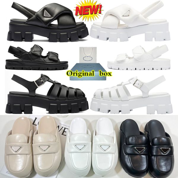 

with box wmoen designer sandals corc foam women fashion heels platform prad slides rubber runner sandal triangle metal slippers retro beach, Black