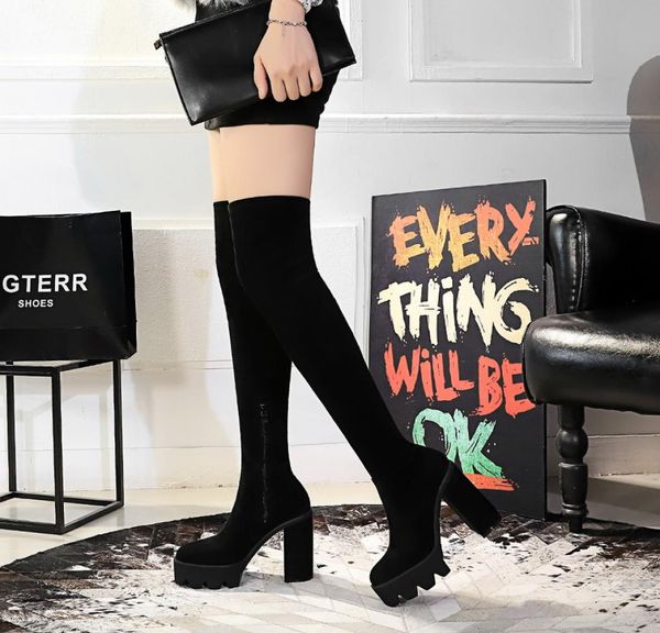 

slim fit elastic flock over the knee boots women shoes 2021 autumn winter ladies high heel overknee long thigh high botas3860527, Black