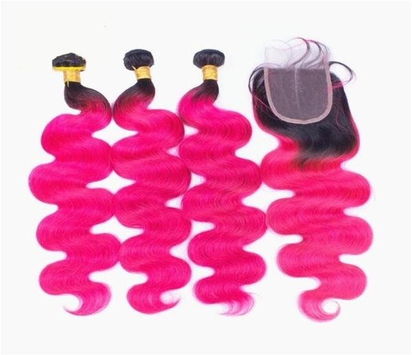 

dark roots pink human hair bundles with lace closure ombre 1b pink brazilian virgin body wave human hair 3bundles with clo8130713, Black;brown