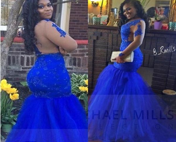 

african royal blue mermaid prom dresses long sleeves backless lace evening gowns black girls party dress4951720