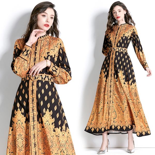 

2023 court resort style ladies fashion clothing stand collar lantern sleeve long sleeve print dress summer e540, Black;gray