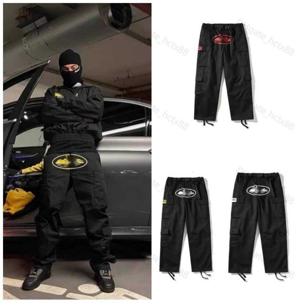 

men's pants 23ss men's y2k cargo pants corteizs harajuku hip hop print multi pocket overalls hip hop punk rock wide leg pants over, Black