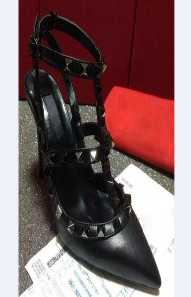 

designer pointed toe 2strap with studs high heels matte leather rivets sandals women studded strappy dress shoes valentine high h6274121, Black
