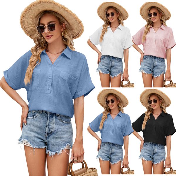 

women's cotton linen shirt short sleeved buckle pocket v-neck top, White