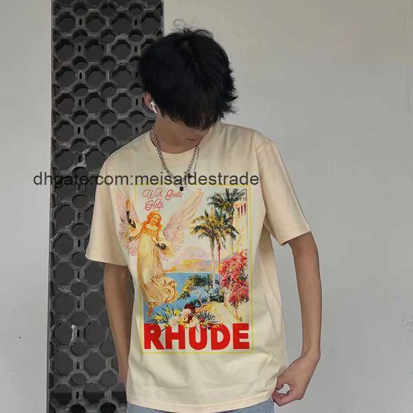 

designer t shirt fashion brand rhudes summer new angel print loose couple high street men's short sleeve t cotton t-shirt, White;black