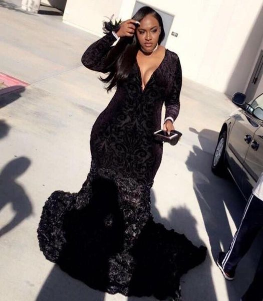 

plus size prom dresses black mermaid lace plunging v neck long sleeve evening gowns with 3d flowers 20183228986, Black;red