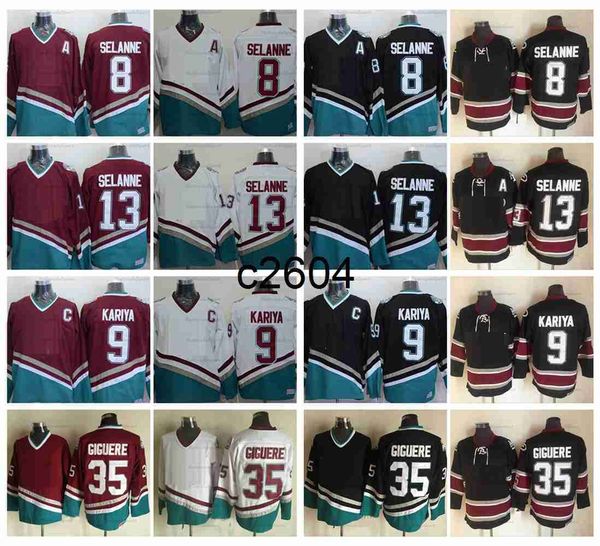 

c2604 vintage mighty 8 teemu selanne 9 paul kariya hockey jerseys mens 35 jean-sebastien giguere jersey 13 teemuselanne purple black white s