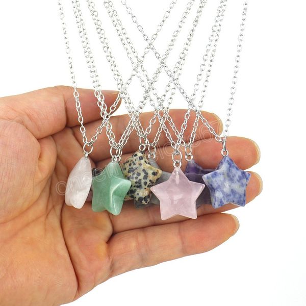 

colorful mini pentagram natural stone pendant necklace for women girls simple crystal raw stone geometric neckalce gife, Silver