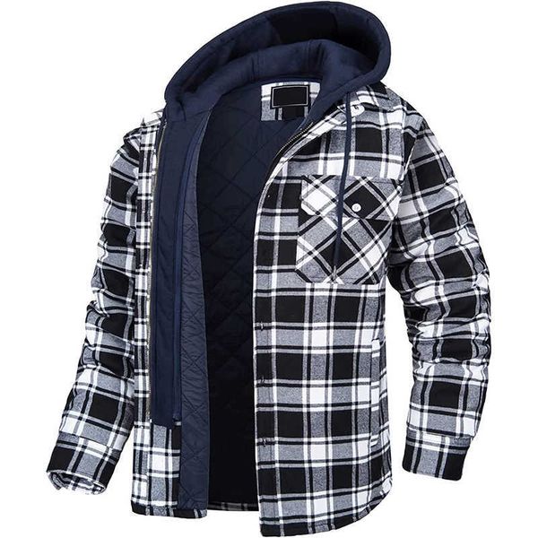 

flannel shirt men's jacket with hood long sleeve quilted lined plaid coat button thick hoodie outwear winter slzo, Black;brown