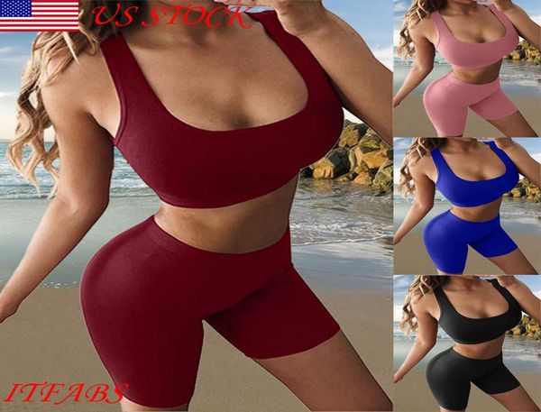 

2pcs women summer yoga suit workout gym running sports bra vest high waist shorts exercise athletic set kg7134586224, White;red