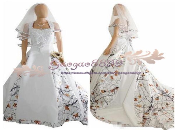 

2019 real picture white camo satin wedding dress custom lace appliques bridal gowns lace up back with veil custom long camouflage 4768472