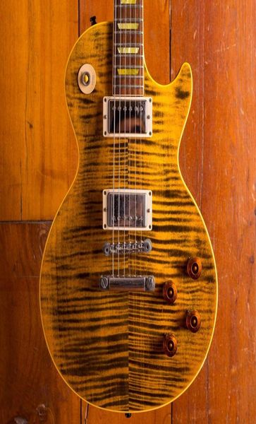 

rare joe perry boneyard 1959 black yellow electric guitar tiger flame maple vintage trapezoid mop inlay tuilp tuners bone231367291