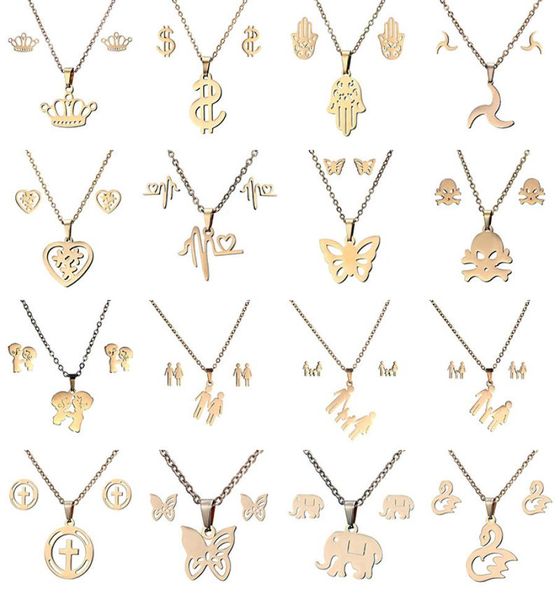 

new stainless steel clavicle necklace earrings set jewelry family crown chain necklace 13 style whole jewelry set5009888, Silver