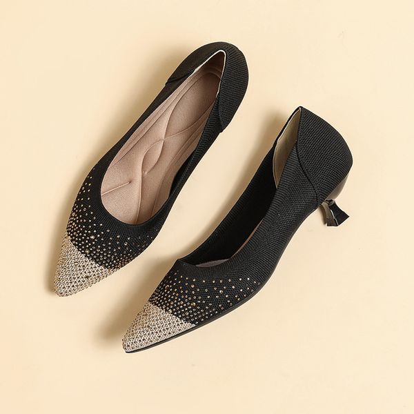 

large women shoes 42/43/41 pointed thin heels knitting fashion breathable anti-skid beautiful color 2023 new spring and autumn, Black