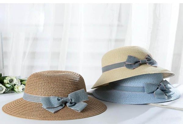 

kids bowknot sunhat children straw hat summer baby beach caps fisherman cap outdoor cap fit 58t bd00433075634, Blue;gray
