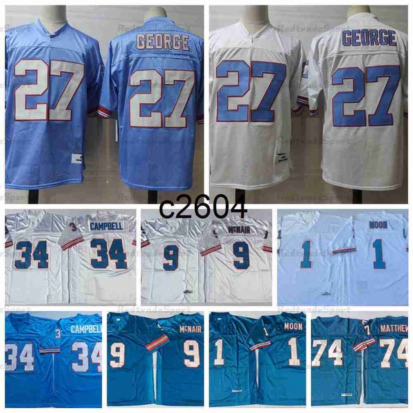 

c2604 vintage 27 eddie george football jerseys 1 warren moon 34 earl campbell 9 steve mcnair 74 bruce matthews blue white mens stitched shir, Black