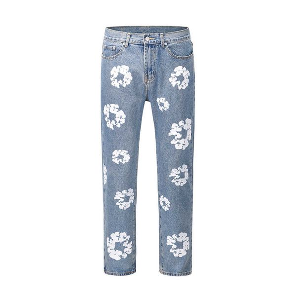 

flower full print jeans pants oversized designer streetwear straight casual men and women denim trousers{category}, Blue