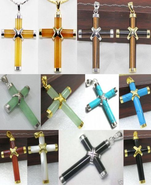 

whole 10 colorsgreenyellowred jadeagateturquoisetiger eyeshell cross pendant6805239, Silver