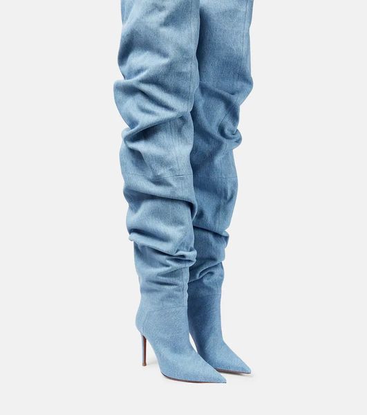 

2023 over the knee boots women new design fashion high heel thigh high boots jeans looss long woman footwear 44, Black