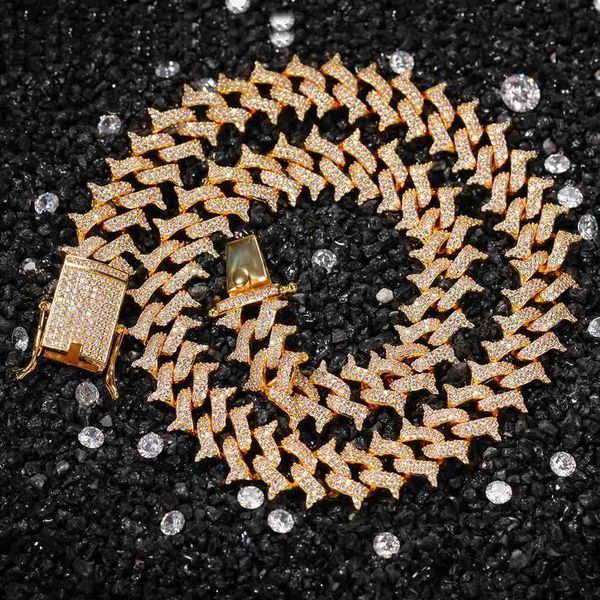 

16mm barbed thorns cuban chain hip hop men's exaggerated personality full zircon bracelet necklace, Silver