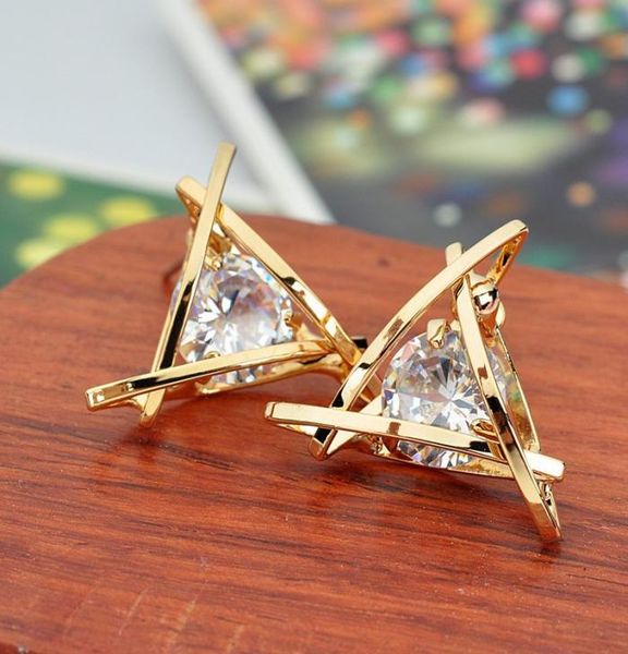 

new square zircon ear nails hollow copper earrings geometric triangle earrings gifts for ladies in 20191657376, Golden;silver