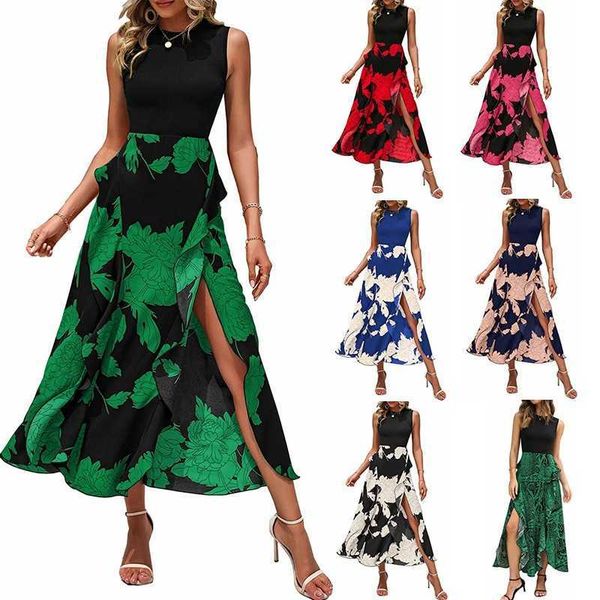 

women's round neck spliced split irregular sleeveless dress, Black;gray