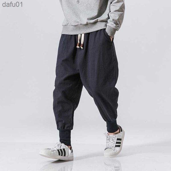 

cotton harem pants men solid elastic waist streetwear joggers 2022 new baggy drop-crotch pants casual trousers men dropshipping l230520, Black