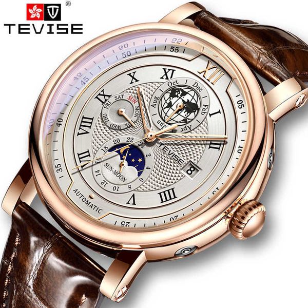 

2023 tevise business waterproof mens mechanical watches brand luxury leather watch for men moon phase automatic wristwatch 230605, Slivery;black